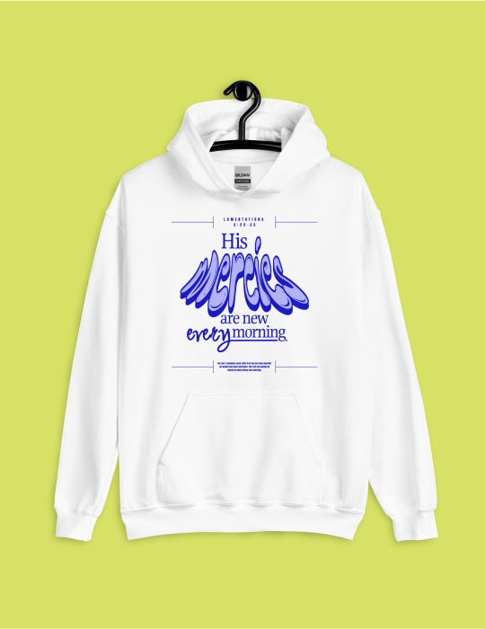 His Mercies | White Unisex Hoodie (Front Print in Blue and Black)