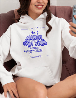 His Mercies | White Unisex Hoodie (Front Print in Blue and Black)