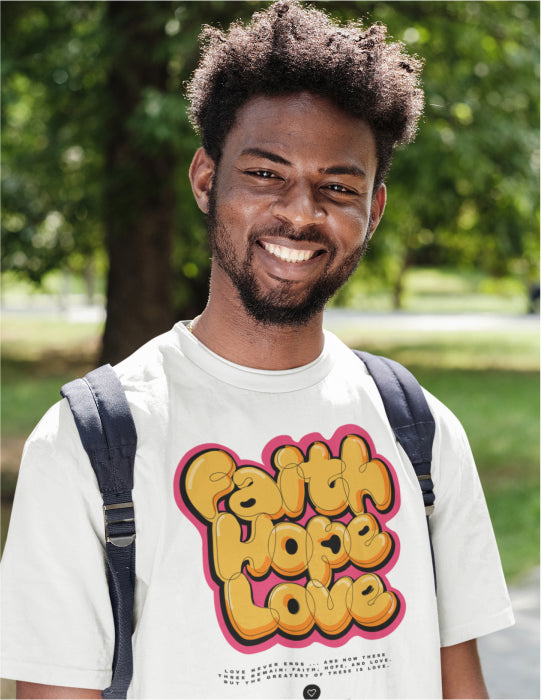 Faith Hope Love | White Unisex Tee (Yellow and Red Logo)