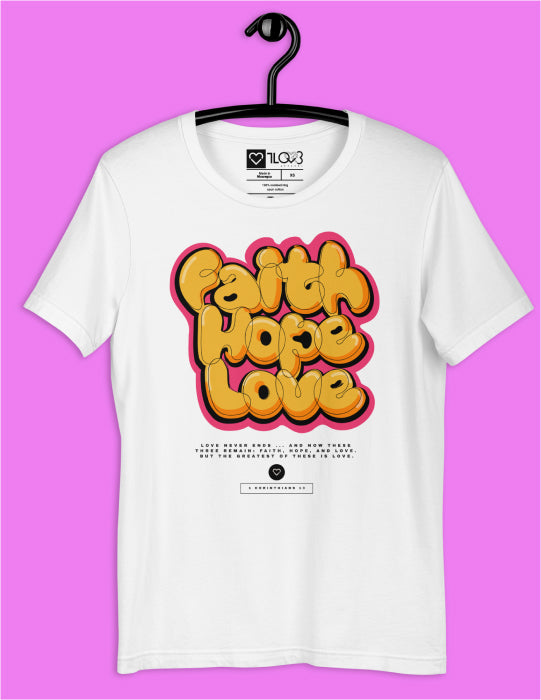 Faith Hope Love | White Unisex Tee (Yellow and Red Logo)